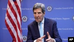 US Special Presidential Envoy for Climate John Kerry speaks during an interview with The Associated Press after the G-7 ministers' meeting on climate, energy and environment in Sapporo, Apr. 16, 2023.