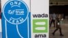 FILE - A WADA logo is seen at the World Anti-Doping Agency (WADA) Symposium in Lausanne, Switzerland, March 12, 2024.