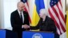 Treasury Secretary Janet Yellen and Ukraine's Prime Minister Denys Shmyhal shake hands after speaking at the Treasury Department in Washington, April 13, 2023.
