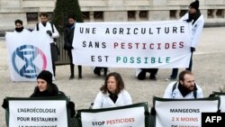 Sejumlah aktivis memegang poster yang bertuliskan "Pertanian tanpa pestisida dapat dilakukan" dalam aksi demo di Paris menuntut pengurangan penggunaan pestisida pada 4 Maret 2023. (Foto: AFP/Stephane de Sakutin)
