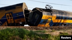 A view of the site where a passenger train derailed in Voorschoten, Netherlands April 4, 2023. 