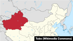  চীনের মানচিত্র। লাল অংশটি উইঘুর অঞ্চল