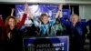 Wisconsin Supreme Court candidate Janet Protasiewicz celebrates alongside Wisconsin Supreme Court Judges Rebecca Dallet and Ann Walsh Bradley, after the race was called for her during her election night watch party in Milwaukee, Wisconsin, April 4, 2023. 