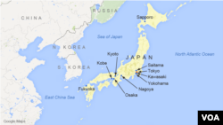Peta yang menunjukkan letak Kota Tokyo, Yokohama, Osaka, Nagoya, Saporo, dan Fukuoka. (Foto: VOA)