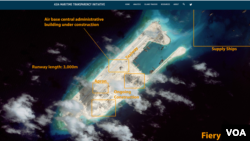南中国海一争议岛屿上飞机跑道建设接近完成（图片来源：CSIS网站，2015年7月3日）