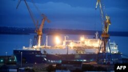 FILE - This picture taken Sept. 1, 2022, shows the Yakov Gakkel, an LNG carrier, sailing under the flag of Bahamas, at the dry dock in the Damen Shiprepair shipyards in Brest, France, for maintenance and repairs.