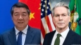 中国国务院副总理何立峰(左)、美国财政部长贝森特