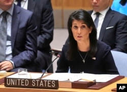 FILE - United Nations U.S. Ambassador Nikki Haley addresses a U.N. Security Council meeting on North Korea, Sept. 4, 2017 at U.N. headquarters.