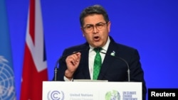 Presiden Honduras Juan Orlando Hernandez saat menyampaikan sambutan pada KTT Pemimpin Dunia - Konferensi Perubahan Iklim PBB (COP26) di Glasgow, Skotlandia, Inggris, 1 November 2021. (Andy Buchanan/Pool via REUTERS)